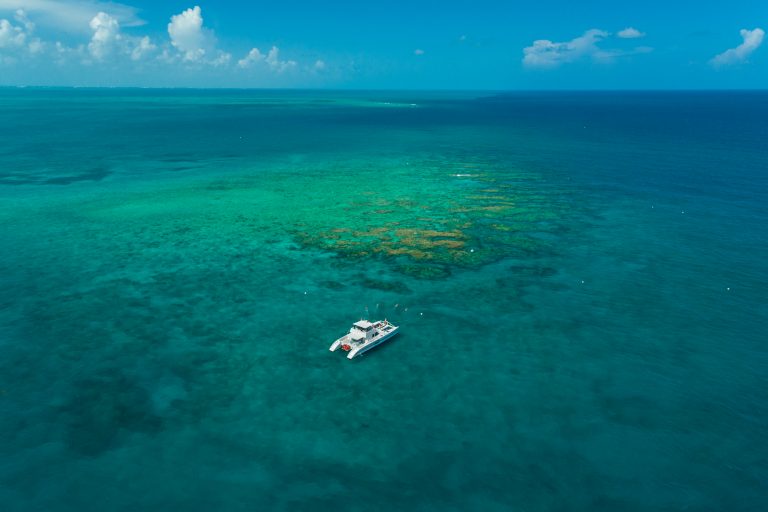 Expansive aerial view of the ocean, reef, a Fury catamaran and guests snorkeling the waters
