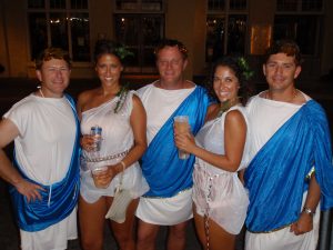 Friends wearing costumes at the Toga Party in Key West