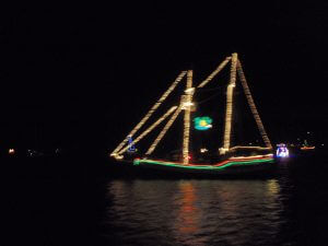 Sailboat with lights at night