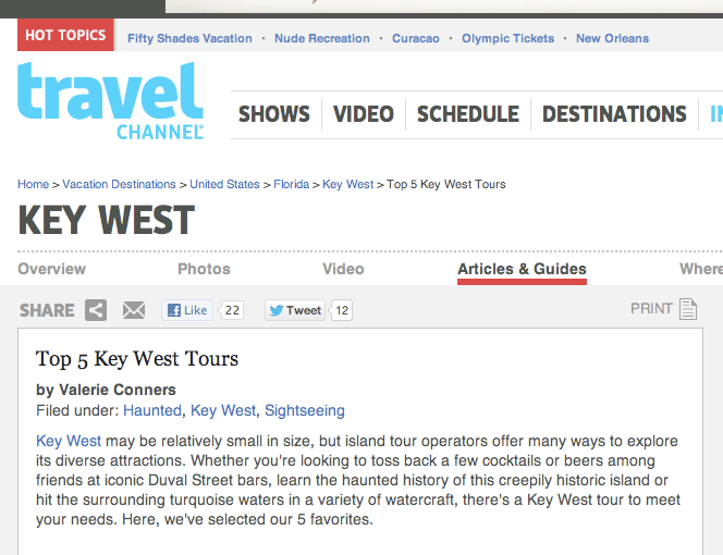 Screen capture of a Travel Channel entry about Key West