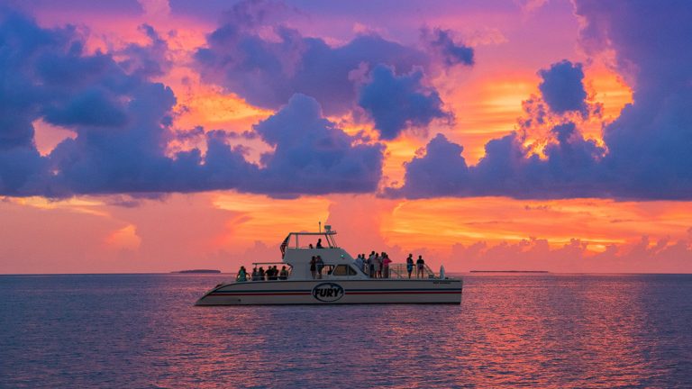 fury reef express power catamaran at sunset with pink and purple skies