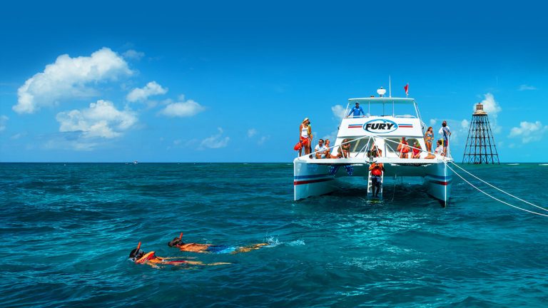two snorkelers in the water in front of fury reef express catamaran