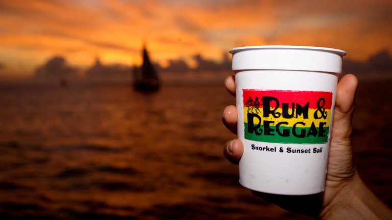 Image of a branded cup from Rum and Reggae Snorkel and Sunset Sail during a party in key west