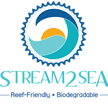 logo made up of a circle and waves and a sun inside of it. Below the circle are the words 'STREAM 2 SEA' and below that are the words 'Reef Friendly Biodegradable'